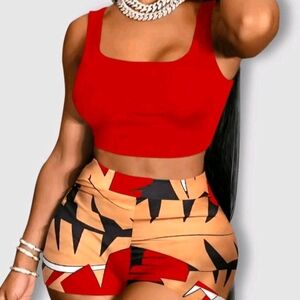 Bold Red Crop Top and Graphic Shorts Set